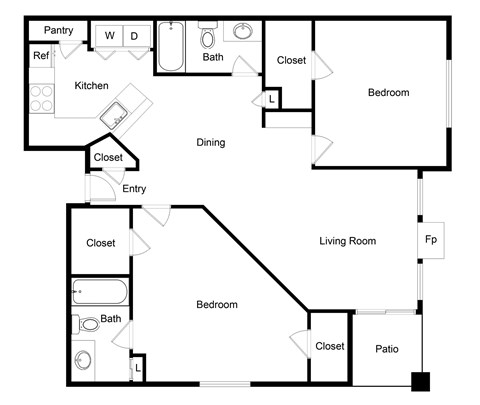 Floor plan for 2 beds, 2 baths, 1156 sqft